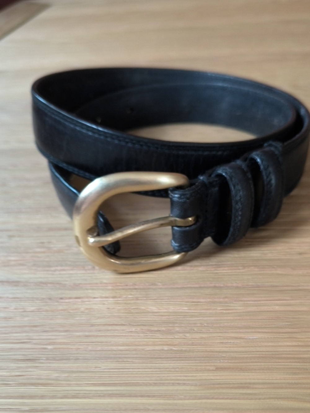 Vintage Black Leather Belt Solid Brass Horseshoe Buckle Size M Retro RN 13711